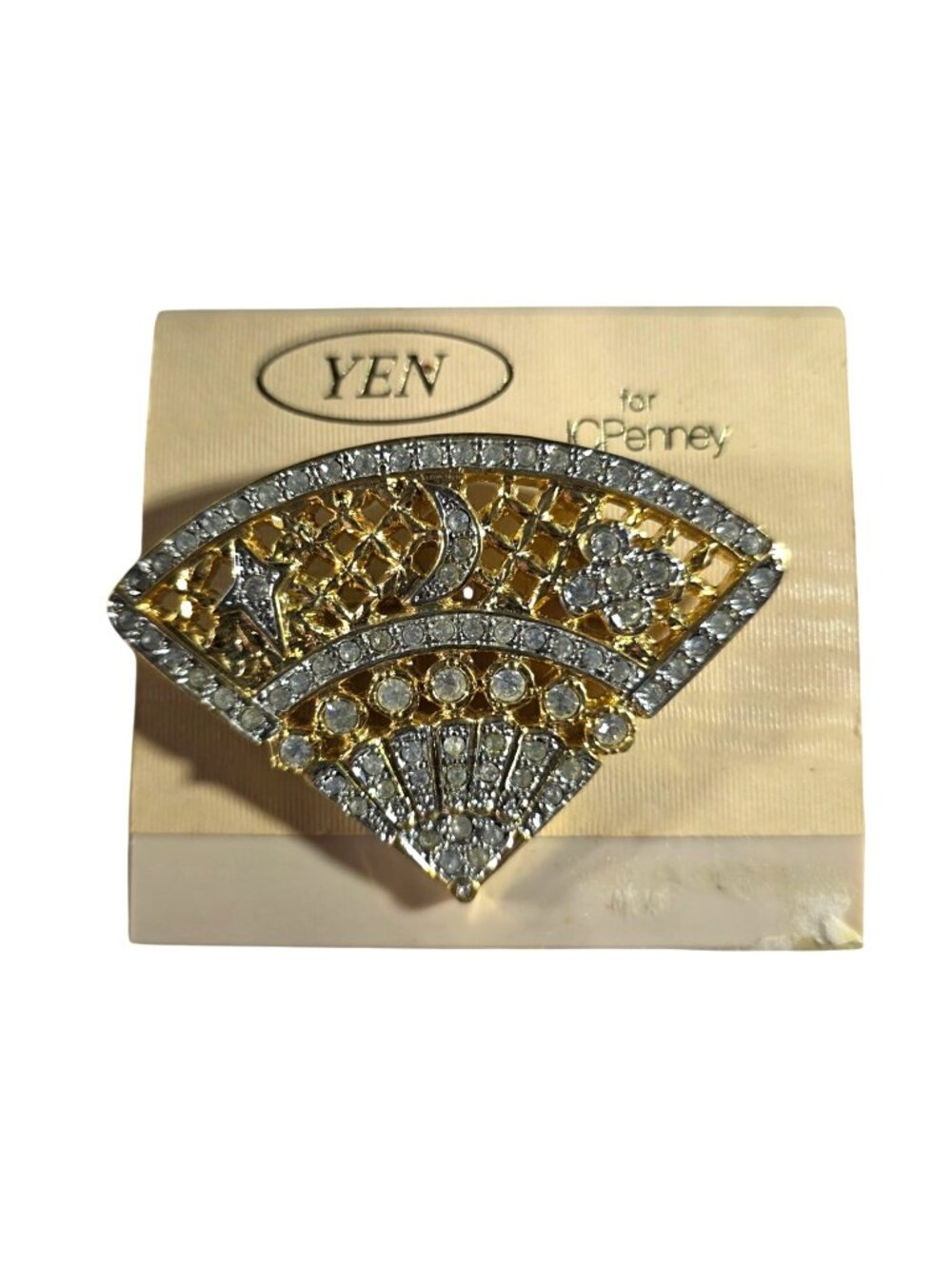 Yen For JCPenney Gold-Tone Rhinestone Fan Brooch Moon Star Celestial Jewelry